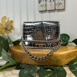 Silver Croc-Embossed Mini Hand Bag
